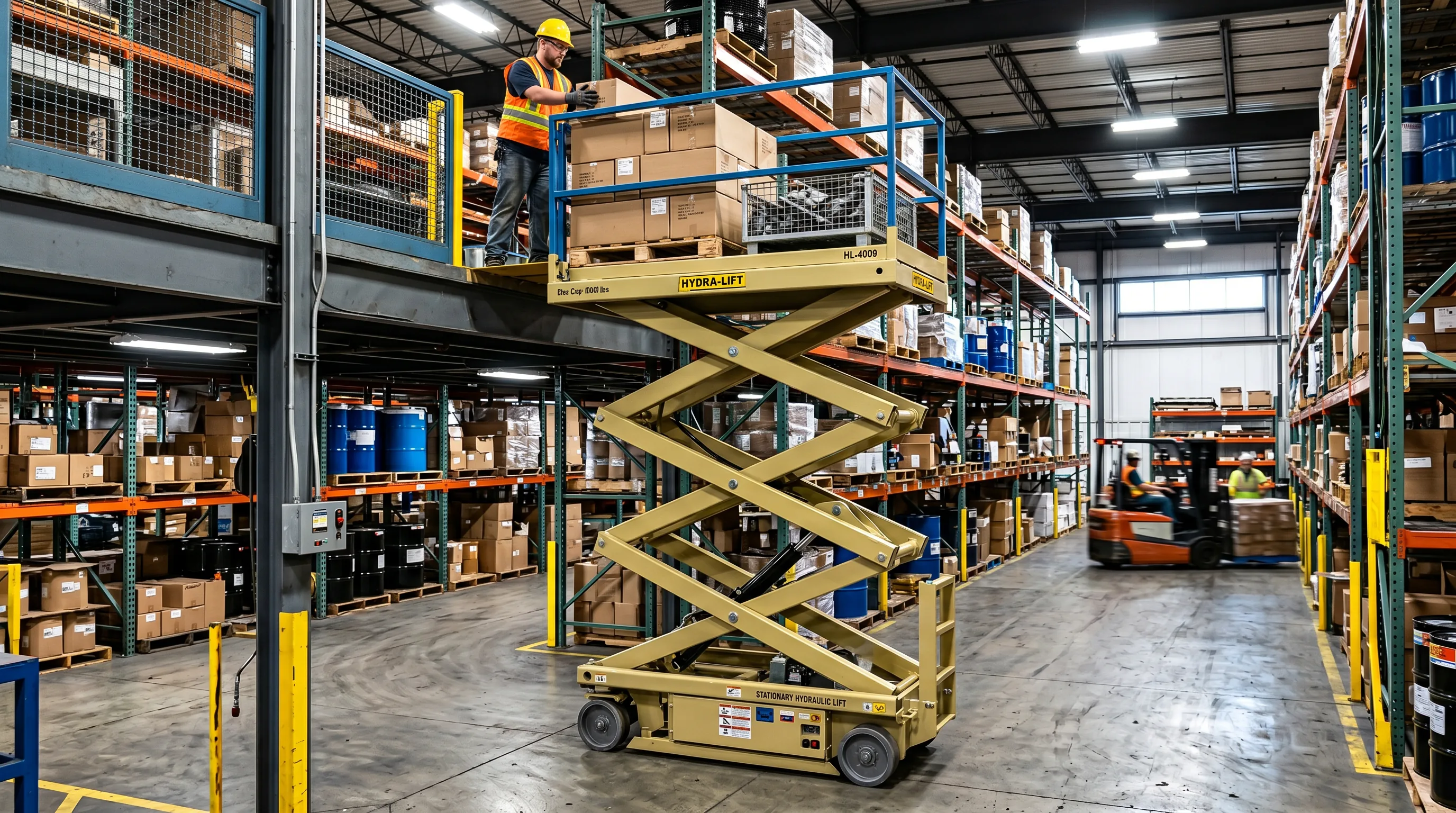 Yellow hydraulic scissor lift table with pallet load in an Indianapolis area warehouse