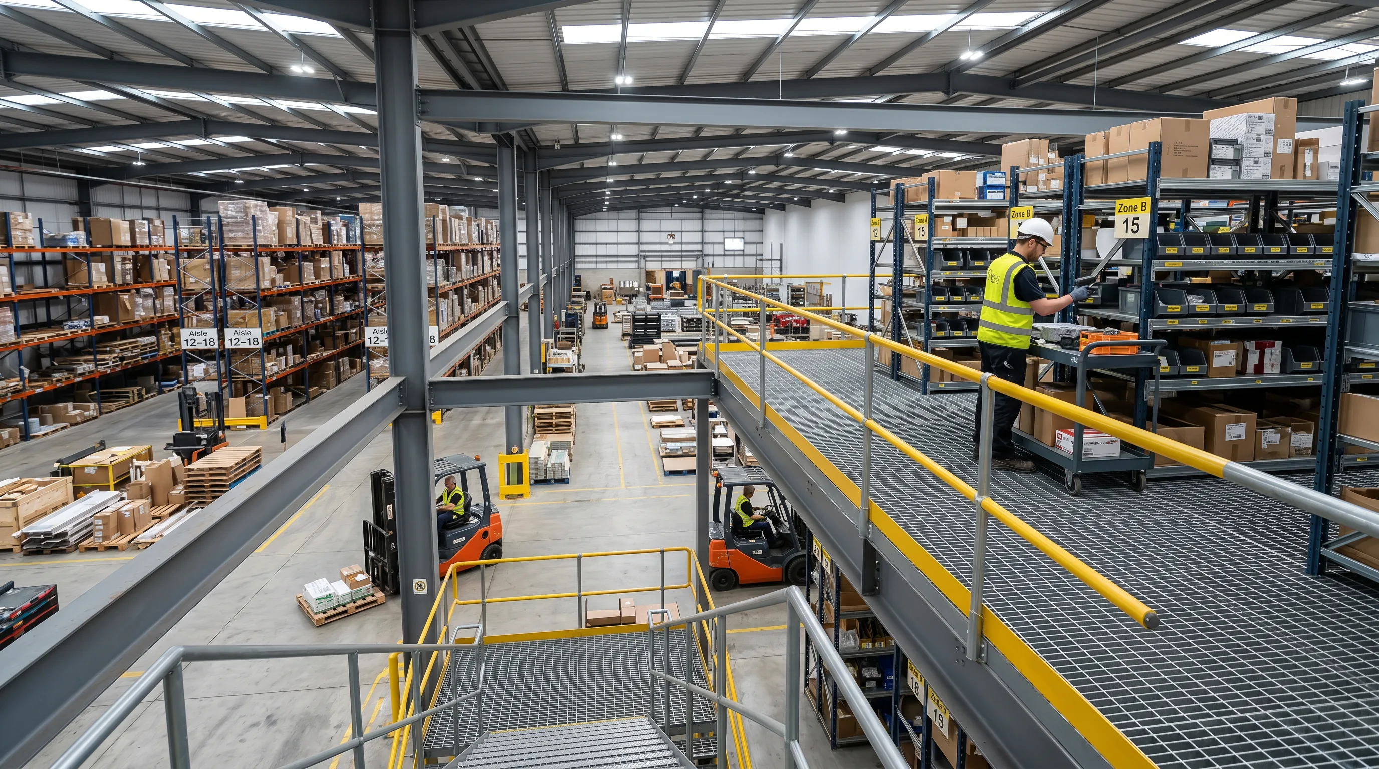Large two-story structural steel mezzanine with dual staircases in an Indianapolis area warehouse