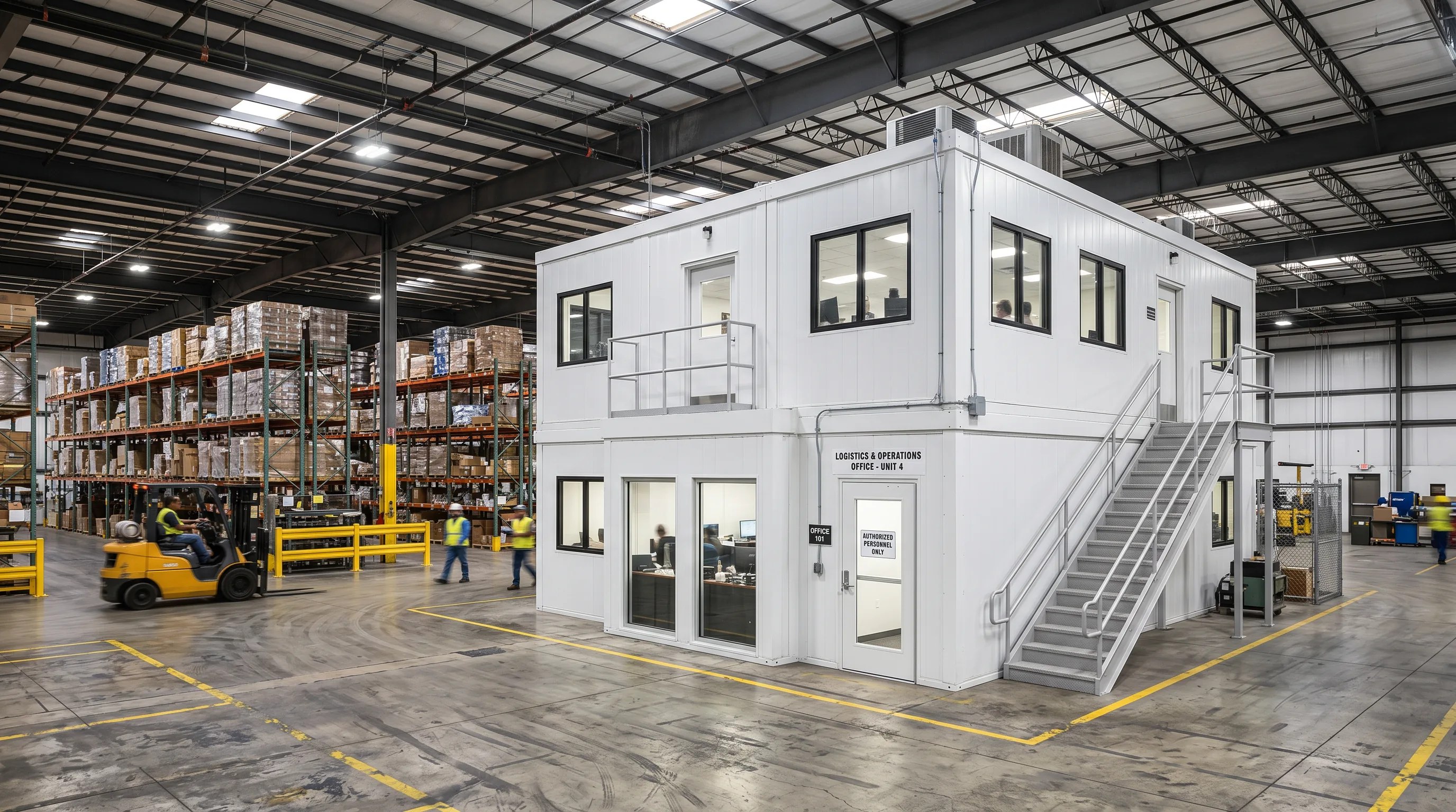 Two-story in-plant modular office with staircase installed inside an Indianapolis area warehouse
