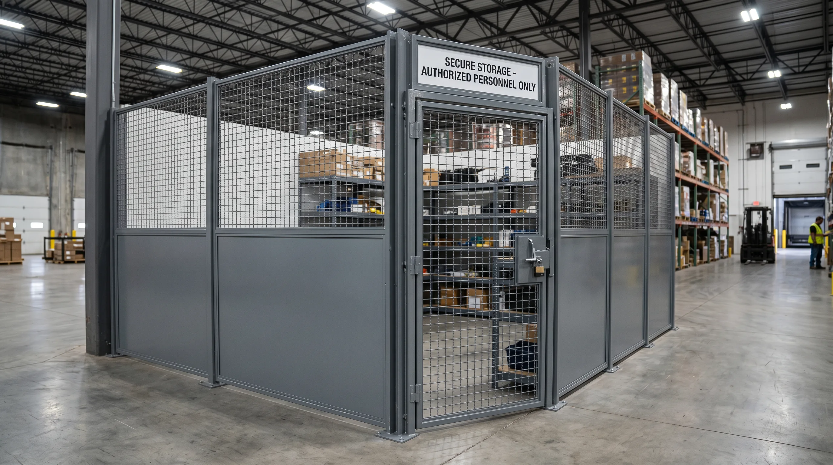 Lockable wire mesh security partition enclosure in an Indianapolis area warehouse