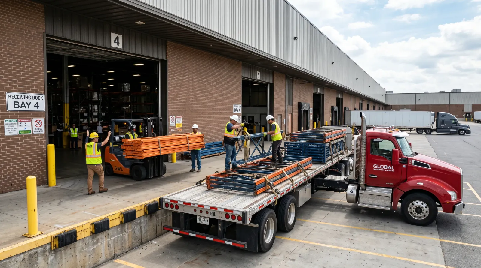 Flatbed truck delivering pallet racking components to an Indianapolis, IN warehouse