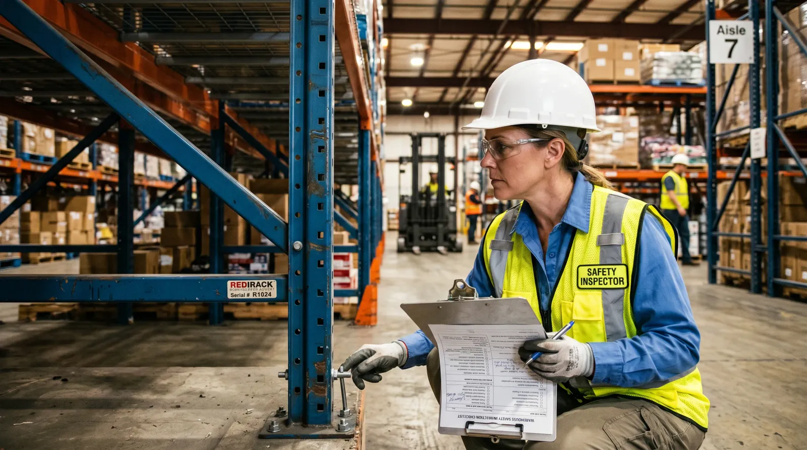 Safety inspector examining pallet rack uprights for damage in an Indianapolis, IN warehouse