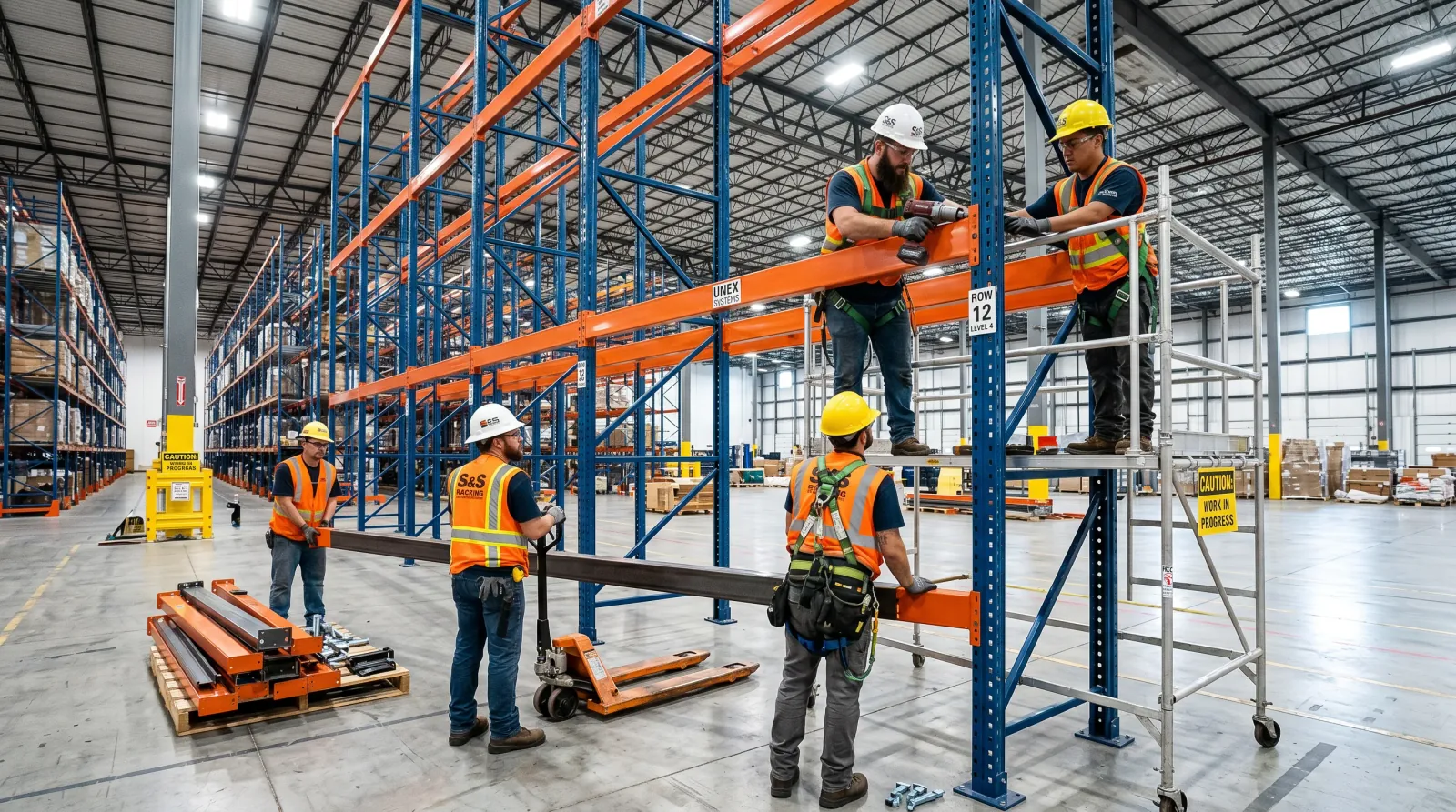 Pallet racking installation crew assembling rack systems in an Indianapolis, IN warehouse