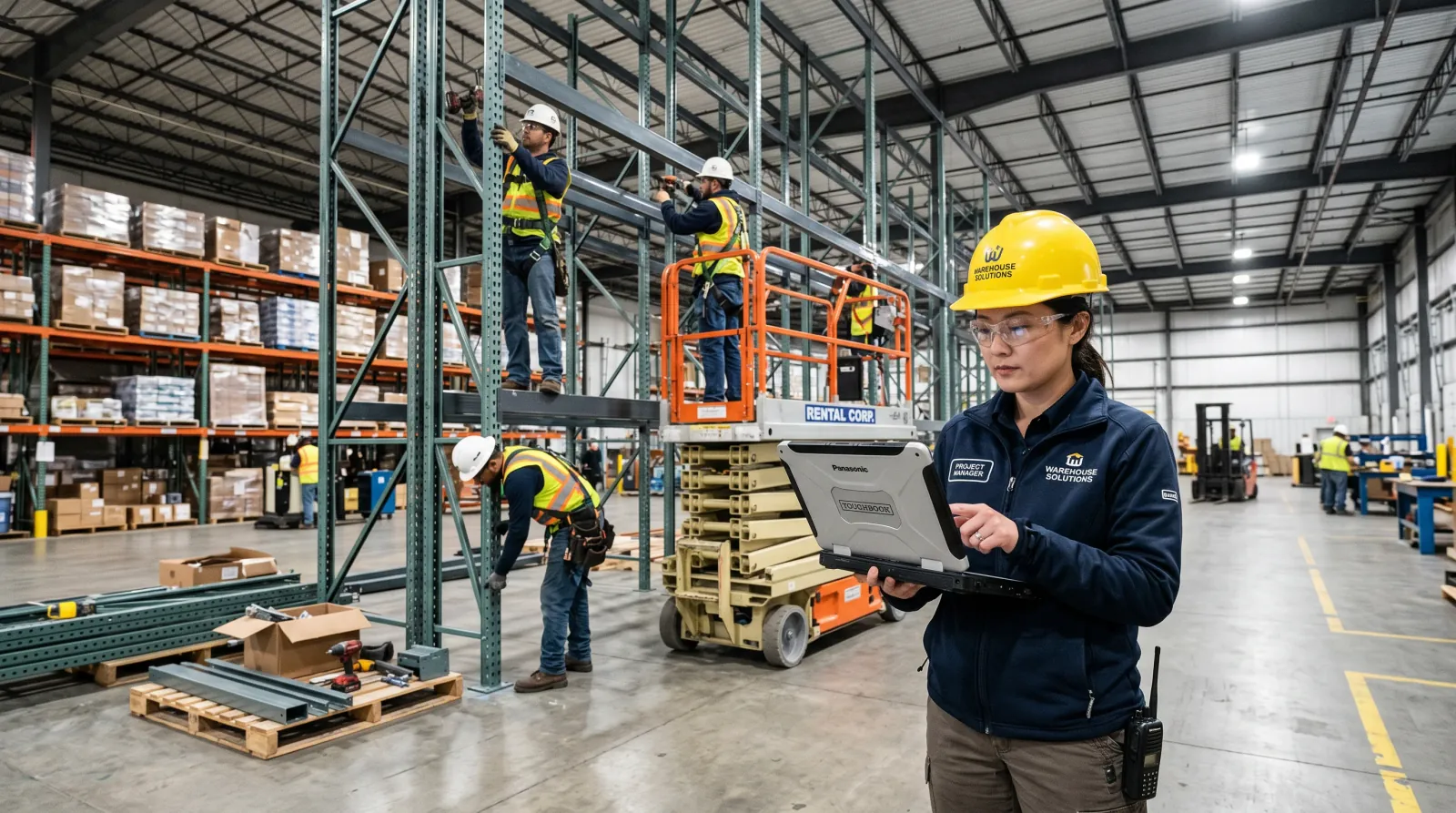 Project manager overseeing pallet racking installation in an Indianapolis, IN warehouse