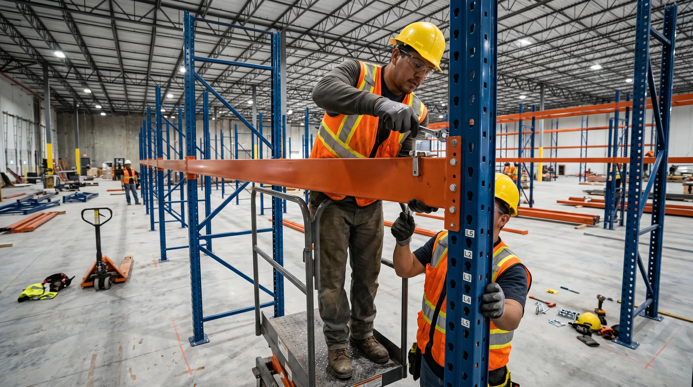 Pallet racking installation crew assembling selective rack system in an Indianapolis area warehouse